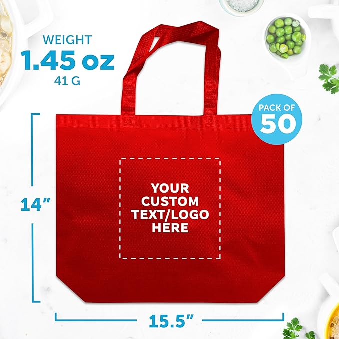DISCOUNT PROMOS Custom Jumbo Sized Tote Bags Set of 50, Personalized Bulk Pack - Reusable Grocery Bags, Shopping Bags, Promotional Item Totes for Women - Red