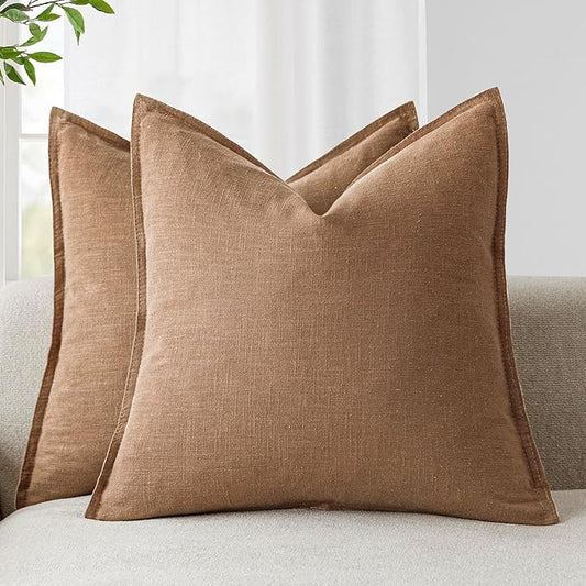 Foindtower Pack of 2, Decorative Linen Soild Throw Pillow Covers Soft Accent Cushion Case Boho Farmhouse Pillowcase for Chair Couch Sofa Bedroom Living Room Home Decor 16 x 16 Inch Light Khaki Brown