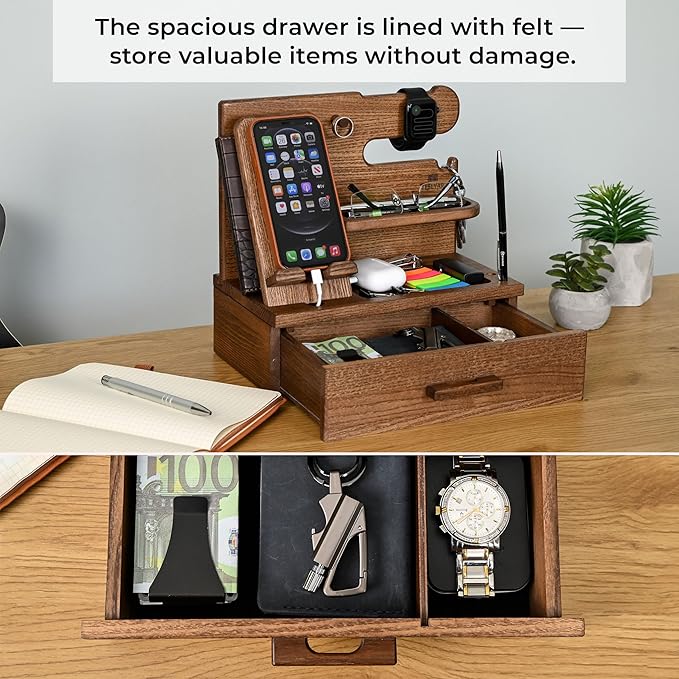 TESLYAR Wood Phone Docking Station with Drawer - Nightstand Organizer - Desk Organizer for Husband - Birthday Gifts for Men, Dad, Anniversary Idea, Key Holder Stand Watch & Accessories (Earth Beige)