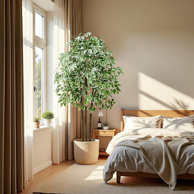 Faux Fiddle Leaf Fig Tree, 6ft Faux Plant Fake Ficus Silk Trees with White Planter, Artificial Fig Trees Floor Plants for House Office Living Room Indoor Home Decor (ficus Tree)