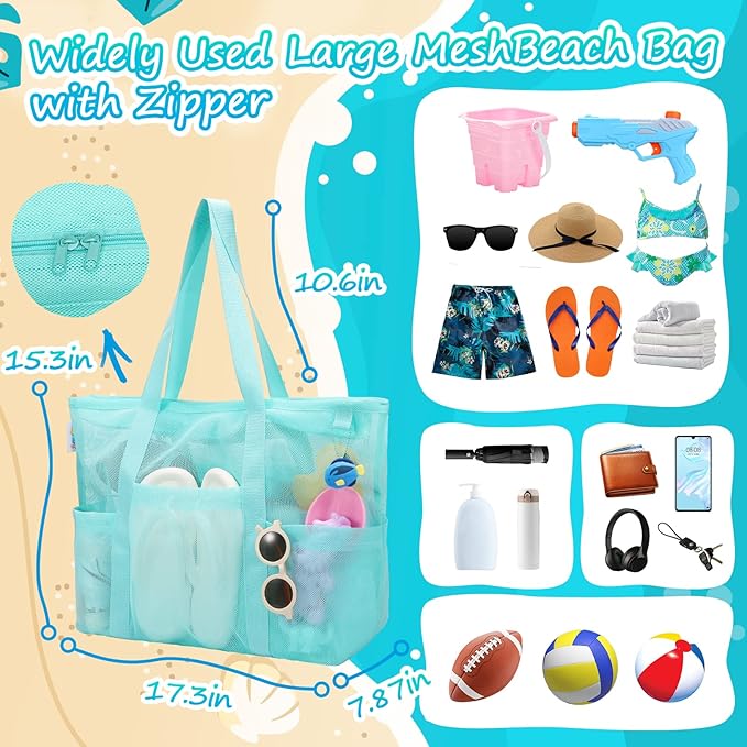 Tagitary Mesh Beach Bag with Zipper Large Beach Tote Waterproof Sandproof with 8 Pockets for Toys Pool Bag Beach Accessories