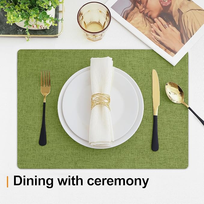 Homaxy Cloths Placemats for Dining Table Set of 6, Heat Resistant Washable Cotton Linen Blend Table Mats, Easy to Clean Place Mats for Indoor Outdoor Party Kitchen Decoration, 13" x 19", Grass Green