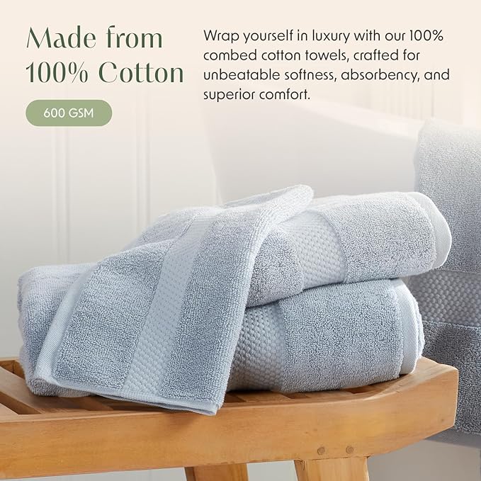 Springtree Home Blue Bath Towels Set of 4 | Classic Hotel Bath Towels | 100% Combed Cotton | Absorbent Quick-Dry Towels for Bathroom | Oeko-TEX® Standard 100 Cotton | Cynewski Collection - Blue Fog