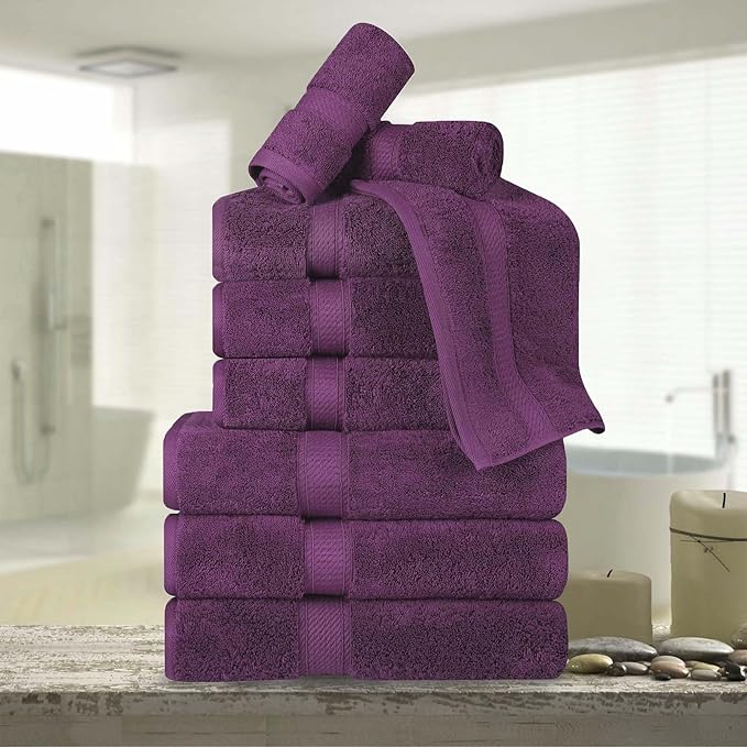 BNM Egyptian Cotton Heavyweight Towels, Ideal For Bathroom, Shower, Spa, Hotel, 800 GSM, Face/ Washcloths, Hand Towels, Bath Towels, Highly-Absorbent, Luxury Home Basics, 9 Piece Towel Set, Plum