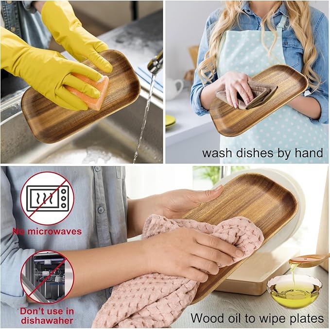 MinBoo Wooden Acacia Plates set of 3, 9-6Inch Wood Acacia Serving Trays, Farmhouse Kitchen Plates, Reusable Wooden Dishware for Dining, Appetizers, Snacks, Parties (rectangle)