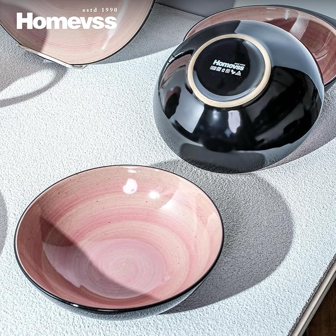 Sonoma Stoneware 16pc Dinnerware Set, Outside Black + Inside Hand Painting Rose