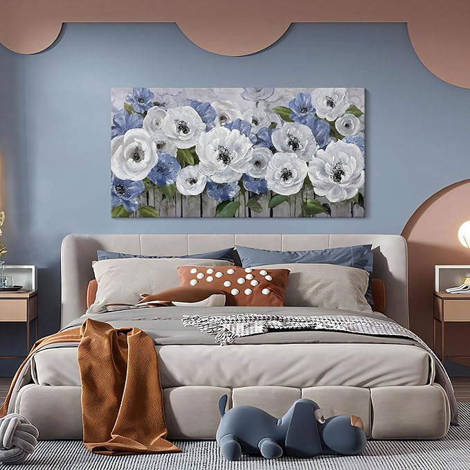 Floral Wall Art for Living Room- Large Canvas Paintings with Floral Wall Picture - Flower Wall Decor in Blue & White, Textured Artwork - Landscape Wall Art & Pictures for Bedroom and Home Decor