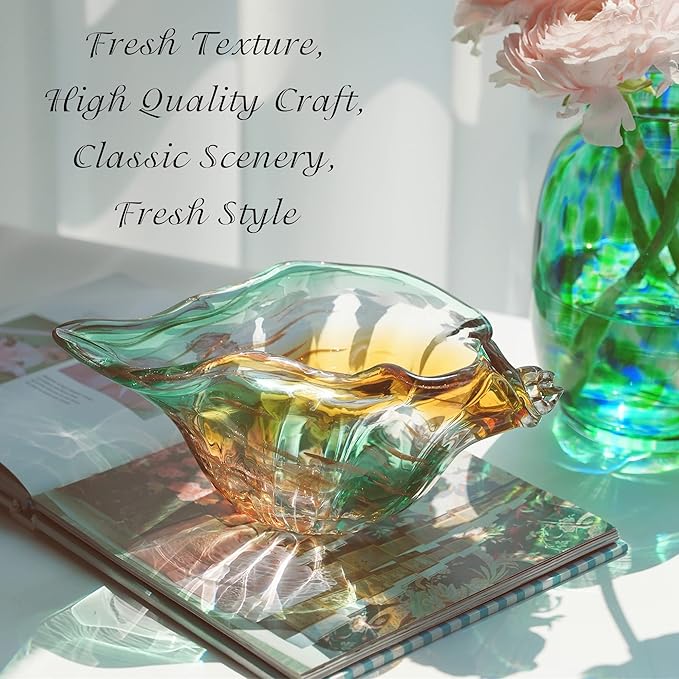 9inch Blown Glass Shell Vase,Handmade Seashell Potpourri Holder Art Glass Conch Seashell Figurine Collectibles Unique Conch Bowl for Home Decor Gift,Colorful