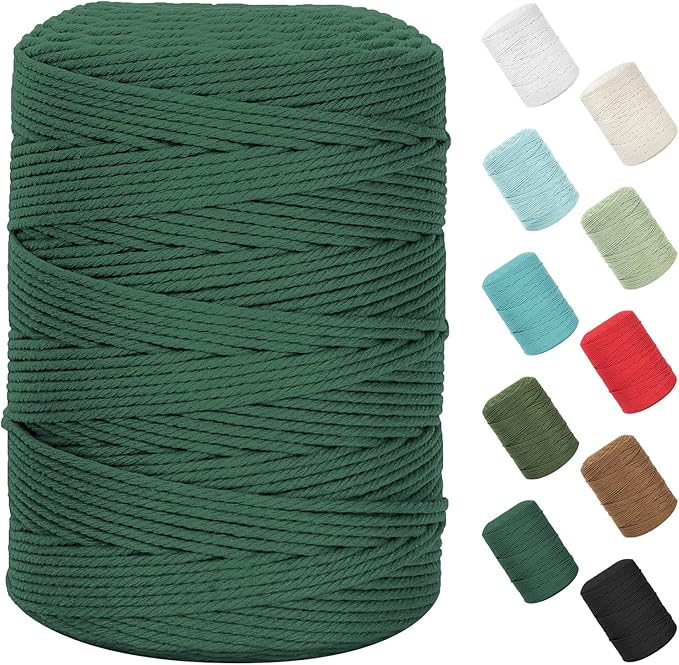 Natural Cotton Macrame Rope - 3mm x 380Yards (1140Feet), 4 Strands Twisted Macrame Cord for Wall Hanging, Plant Hangers, Crafts, Gift Wrapping and Wedding Decorations, Dark Green