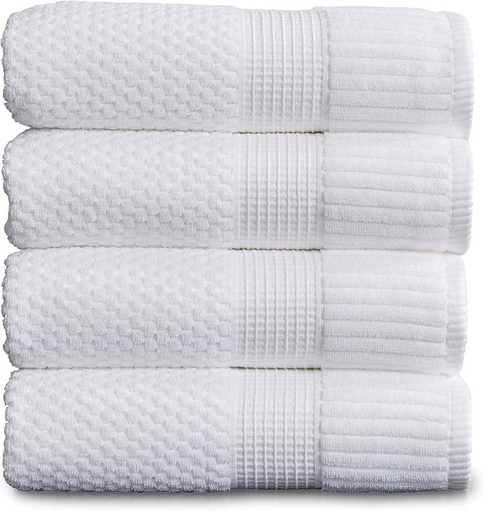 NY Loft 100% Cotton 4 Pack Bath Towels, 30" x 52", Soft & Absorbent, Quick Dry, Textured - Trinity Collection, Bright White