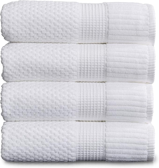 NY Loft 100% Cotton 4 Pack Bath Towels, 30" x 52", Soft & Absorbent, Quick Dry, Textured - Trinity Collection, Bright White