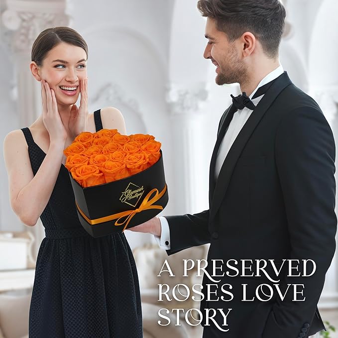 GLAMOUR BOUTIQUE 16 Flower Forever Heart Shape Box - Preserved Roses Gift for Her, Preserved Flowers, Orange