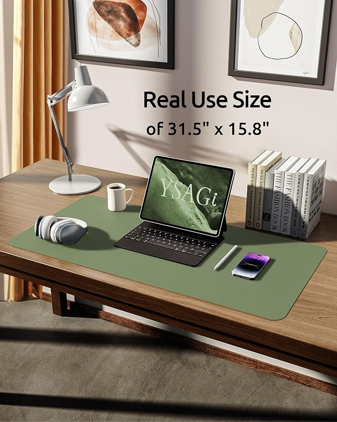 YSAGi Leather Desk Protector, Office Mat, Large Mouse Mat, Non-Slip PU Leather Blotter, Laptop Desk Mat, Waterproof Writing Pad for Office and Home (Bamboo Green, 31.5" x 15.8")