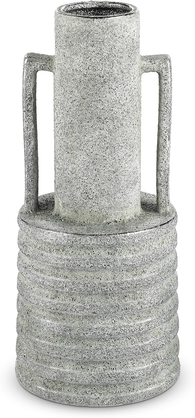 Hollyone Large Vintage Ceramic Vase with 2 Handles, 15.6" Tall Silver-Toned Antique Rustic Decorative Floral Grey Vases for Flowers Home Table Centerpiece Shelf Living Room Entryway Farmhouse Decor