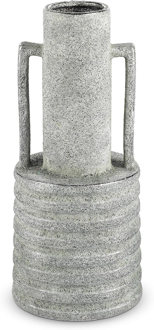 Hollyone Large Vintage Ceramic Vase with 2 Handles, 15.6" Tall Silver-Toned Antique Rustic Decorative Floral Grey Vases for Flowers Home Table Centerpiece Shelf Living Room Entryway Farmhouse Decor