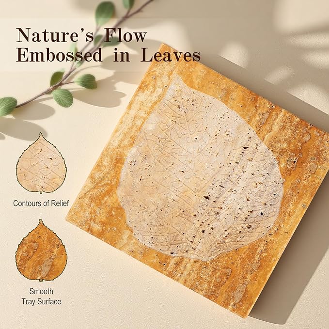 Marble Leaf Embossed Tray, Natural Golden Travertine Vanity Decorative Marble Tray for Bathroom, Jewelry, Kitchen and Desktop, Decorative Stone Pallet for Cosmetics, Perfume and Home Decor
