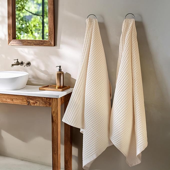 PÜSKÜL - Premium Waffle Towel Set 4 Pieces Natural Raw - Organic 100% Turkish Cotton Quick-Dry Towels for Bathroom Made in Turkiye (Natural Beige, Towel Set - 2 Hand & 2 Bath Towels)