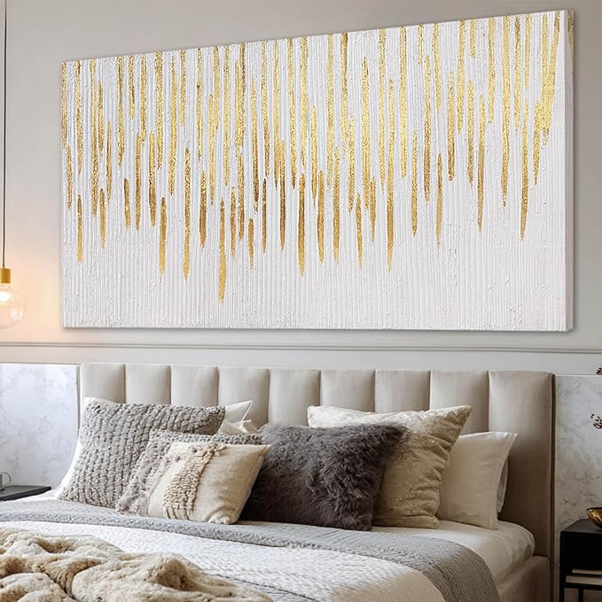 YJYart Gold Wall Decor Abstract Wall Art for Living Room White Canvas Pictures Artwork for Gallery Hotel 24"x48"