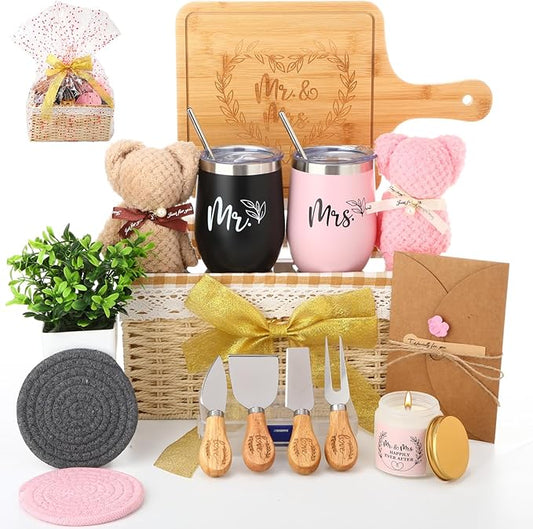 Wedding Gifts Basket for Couples, 21 Pieces Mr and Mrs Gifts for Wedding Party Bride Shower Women Men Housewarming Closing Gift Ideas