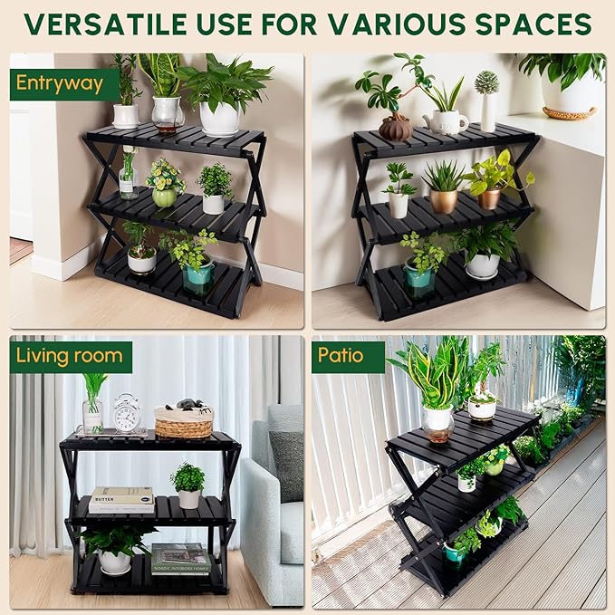 BEEFURNI Acacia Stand Indoor, Wooden Outdoor Plant Stand, Foldable Corner, 3 Tier Plant Stand, Easy Assembly, Plant Bench Patio Balcony Sunroom Decor, Christmas Gift, 1-year Warranty