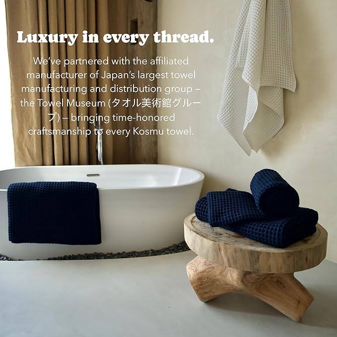 Luxury Japanese Cotton Waffle Bath Towel | Plush, Absorbent, and Quick Dry | Free Storage Bag Included (Ocean Blue, Bath Towel (55" x 34"))