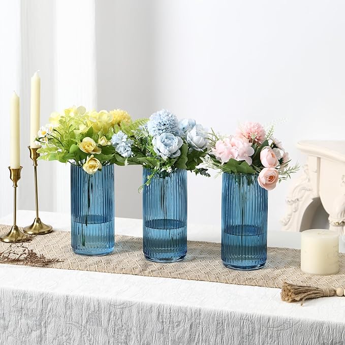 Blue Glass Vases, Flower Vases Set of 3, Ribbed Glass Vase for Tulips, Tall Cylinder Glass Vases for Living Room, Bedroom, Dining Table, Office, Wedding, Bookshelf Decoration, 8 Inches