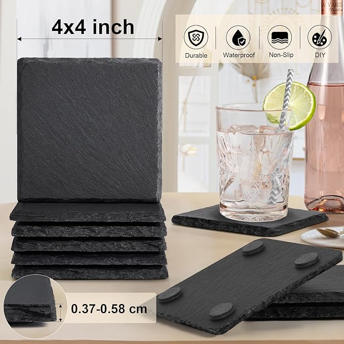 60 PCS Slate Stone Coasters Bulk, MAPRIAL 4 Inch Black Handmade Drink Coasters, 30 PCS Square, 30 PCS Hexagon, Ideal for Laser Engraving, Engravable Blanks Material for Engraver, Home Decor, Gifts