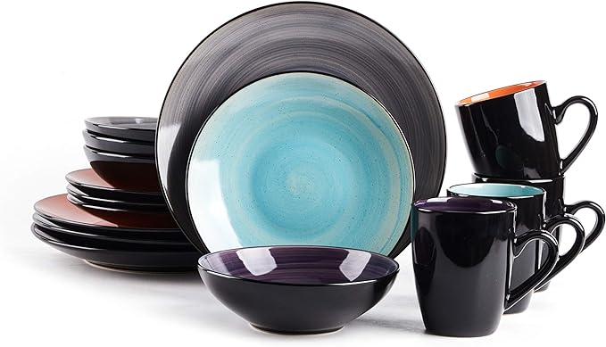 Sonoma 16 Piece Stoneware Dinner Set, Samoa, Outside Black + Inside Hand painted Combi Colors of Grey, Orange, Purple and Turquoise) with speckle