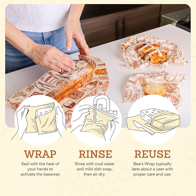 Bee's Wrap Beeswax Wraps for Food - Made in USA Reusable & Organic Food Wraps, Sandwich Wrap & Bowl Covers - Eco-Friendly Alternative to Aluminum Foil & Plastic Wrap, Bakery Lane 3 Pack (S, M, L)