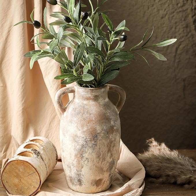 Ceramic Rustic Vase, 9.6 Inch Terracotta Rustic Vase with 2 Handles, Decorative Pottery Flower Vase for Home Decor, Living Room, Shelf Decor, Wedding, Table Decoration