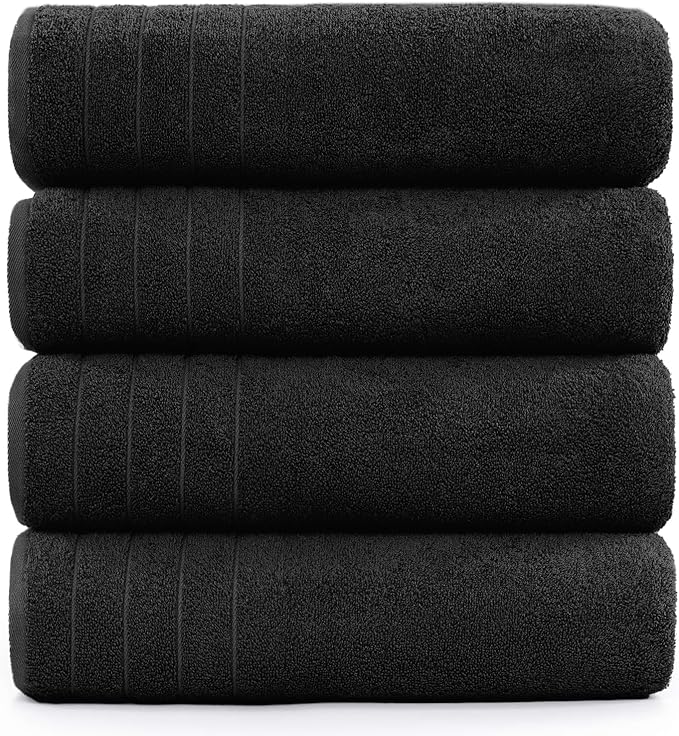 DAN RIVER Bath Towels Set of 4, 30 x 60 Inches, 100% Cotton, Larger & Lighter Weight, Quicker to Dry, Super Soft and Absorbent, Ideal Hotel Towels for Daily Use, Black
