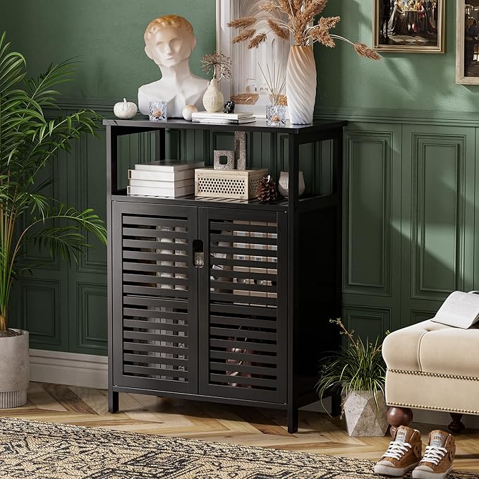 HITNET Black Bathroom Storage Cabinet, Freestanding Bamboo Floor Cabinet 4 Tier Tall Kitchen Cupboard with Door and Shelves