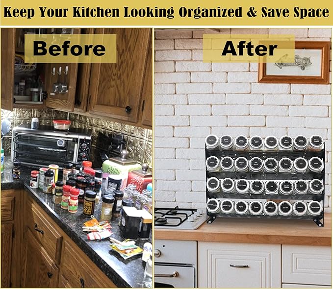 4 Tier Spice Rack Organizer with 32 Square Spice Jars and 160 Spice Labels Set for Kitchen Cabinet Countertop Pantry or Wall Mount, Matte Black