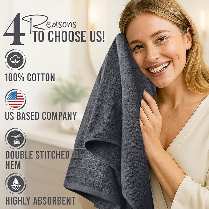 DAN RIVER Bath Towels Set of 4, 30 x 60 Inches, 100% Cotton, Larger & Lighter Weight, Quicker to Dry, Super Soft and Absorbent, Ideal Hotel Towels for Daily Use, Dark Grey