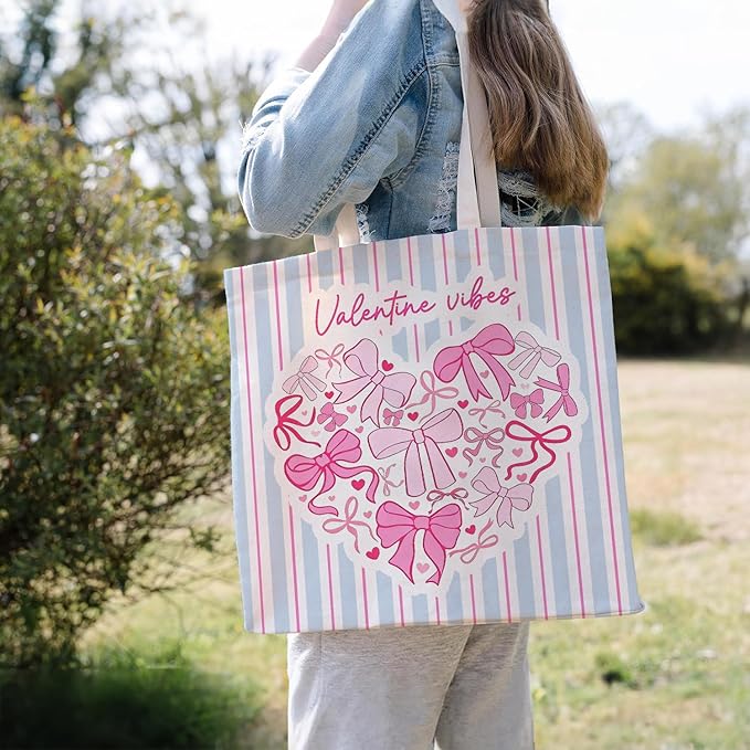 Animals-Flowers-Fruits-Bow Valentines Canvas Heart Tote Bag, Coquette Reusable Shopping Grocery Bags