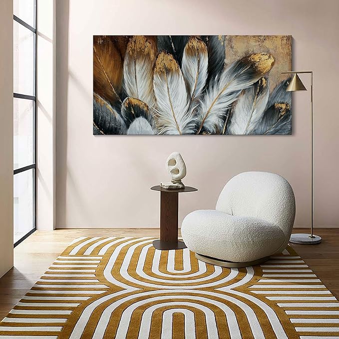 Feather Canvas Wall Art Modern Living Room Bedroom Wall Decoration Large Giclee Print Canvas Painting Artwork for Home Decor One Piece White Gold Brown Feather Picture Ready to Hang 58x29 Size