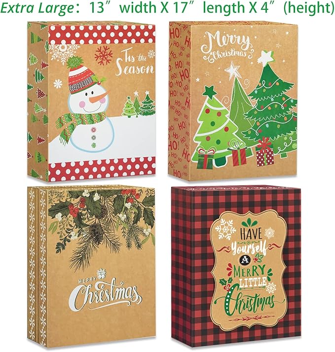 12 Kraft Christmas Gift Boxes with Lids for wrapping Large Clothes and 80 Foil Christmas Gift Stickers (Assorted size for wrapping Robes, Sweater, Coat, Shirts and Clothes xmas Holiday Present)