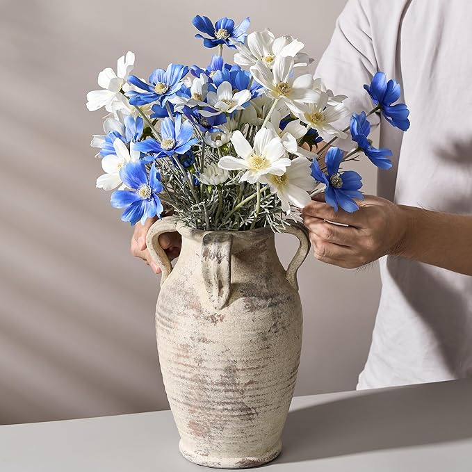 Handmade Ceramic Vase with 4 Handles, 10.83" Tall Farmhouse Rustic Terracotta Flower Vase, Vintage Vases for Home Decor, Wedding, Living Room, Table, Shelf Decor, Neutral
