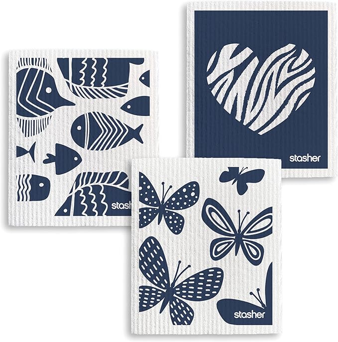 Stasher Reusable Swedish Dishcloths 3-Pack, Animal Print, 7” W x 8” L, Washable, Absorbent, 100% Biodegradable, Odor & Stain Resistant, Eco-Friendly Paper Towel Alternative for Kitchen