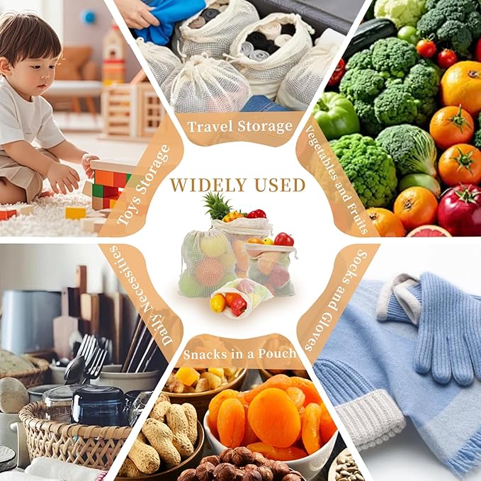 16 Pack Reusable Produce Bags, Mesh Vegetable Grocery Bag Washable, 100% Cotton Drawstring Net Storage Bags for Refrigerator, Shopping, Veggies and Fruits, Beach, Transporting, Durable, (4XL,4L,4M,4S)