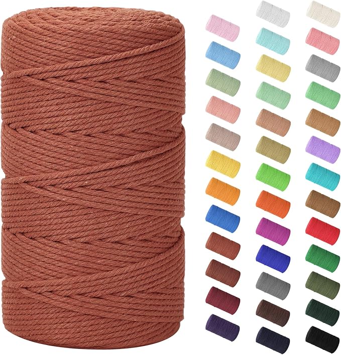 HOMEBOBO Macrame Cord 3mm x 220Yards (656Feet),Natural Cotton Macrame Rope - 4 Strands Twisted Macrame Cotton Cord for Wall Hanging,Plant Hangers,Crafts,Gift Wrapping and Wedding Decorations,Rust Red