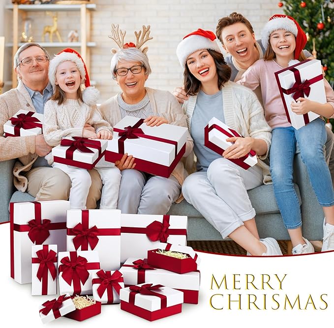 Tenceur 10 Pcs Gift Boxes with Lids Heavy Duty Nested Assorted Sizes Cardboard Gift Boxes for Presents with Ribbon for Xmas Holiday Present(Red, White,5 Size)