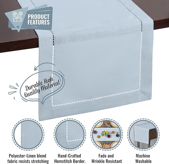 Light Blue Table Runner with Hemstitch – Dusty Blue Table Runner for Home Decor, Weddings, Baby Showers & Dining Room Decorations (14 x 72 Inches Long)