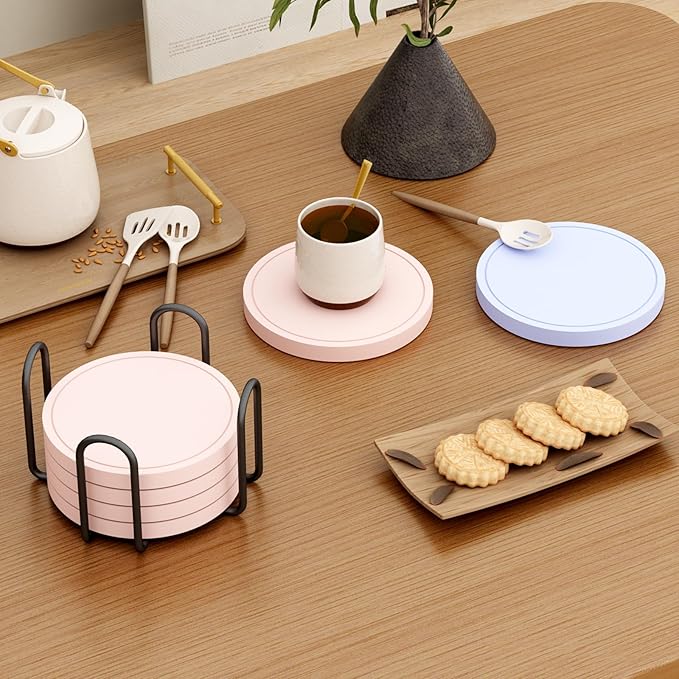 Azhou 6Pcs Drink Coaster with Holder, Pink Absorbent Coasters for Drinks, Non-Slip with Velvet Bottom, Thick Heavy Duty 4 inch Ceramic Coasters, Home Decor Coffee Bar Accessories