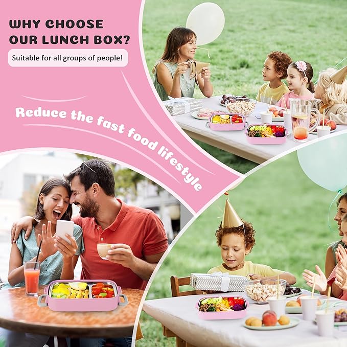 Bento Lunch Box for Kids Women Men, 47oz 2-Compartment Snack Salad Metal Food Prep Pack Container for Lunch, Stainless Steel 2 Layers Stackable Lunch Containers with Lids for Adults and Teens Pink