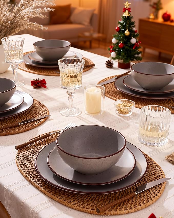 Famiware Venus Ceramic Plates and Bowls Sets, Speckled Dinnerware Dish Sets for 8 (24 Pieces) - Microwave and Dishwasher Safe, Matte Dark Grey