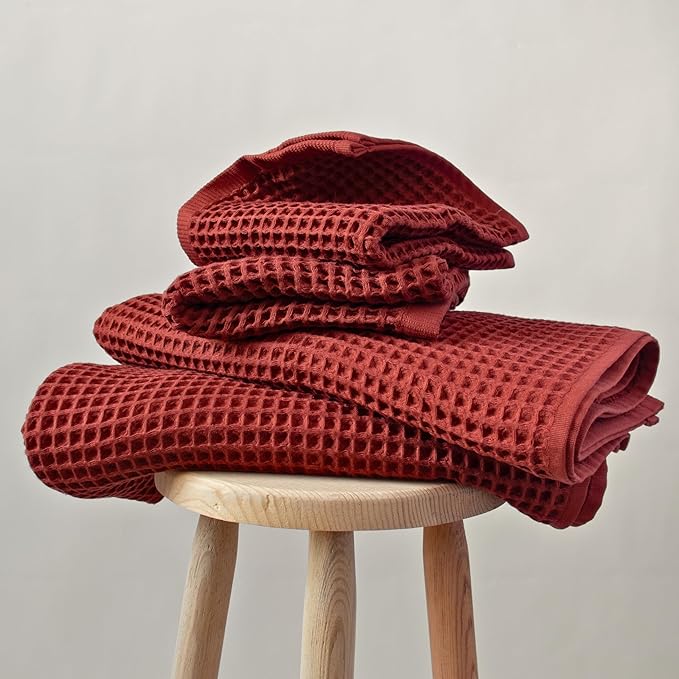 PÜSKÜL - Premium Waffle Towel Set 4 Pieces Brick Red - Organic 100% Turkish Cotton Quick-Dry Towels for Bathroom Made in Turkiye (Brick, Towel Set - 2 Hand & 2 Bath Towels)