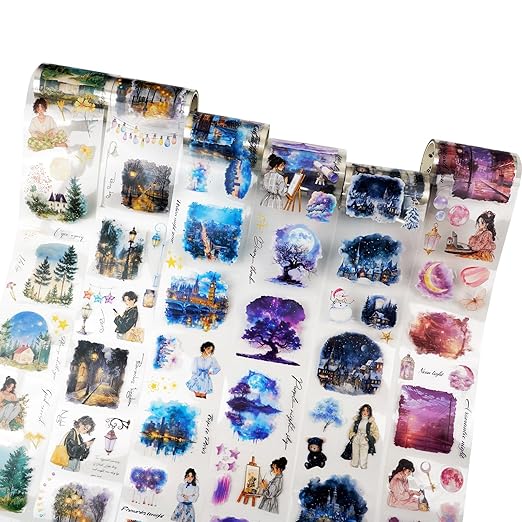 Moonlit PET Tape Set, 6Rolls Pre-Cut Night Scenery Stickers for Scrapbooking & Journaling, Includes Clip, Large Size, Ideal for Collage, DIY Crafts