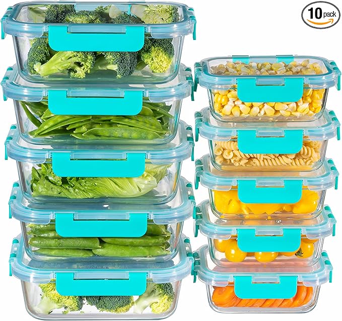 MFY 10-Pack Glass Storage Containers with Lids, Glass Meal Prep Containers Set, Airtight Lunch Containers with Lids, Microwave, Oven, Freezer and Dishwasher Safe, Green
