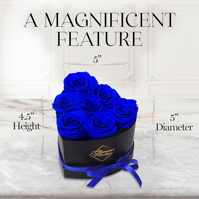 GLAMOUR BOUTIQUE 7 Flower Forever Heart Shape Box - Preserved Roses Gift for Her, Preserved Flowers, Blue